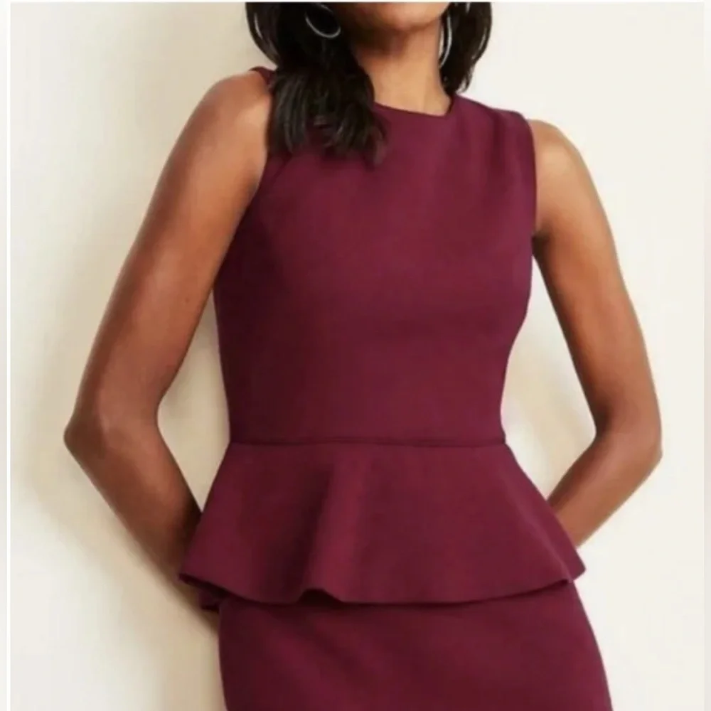 NWT Ann Taylor Doubleweave Peplum Wine Plum Sheath Dress 0 Petite - Picture 2 of 13